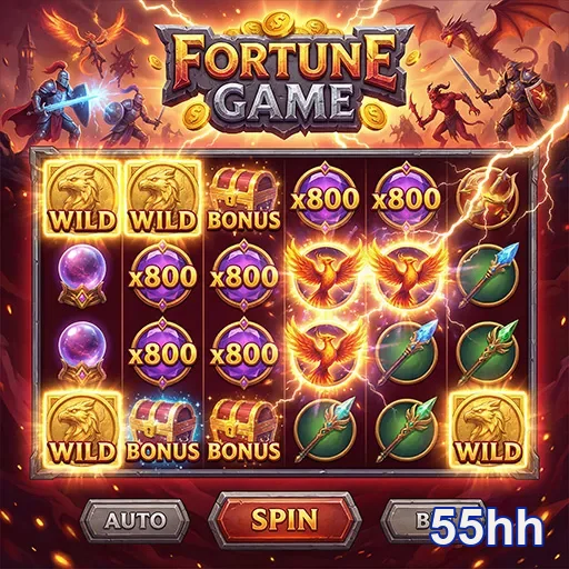 Imagem do jogo de slot Fortune Game no site 55hh, mostrando símbolos e rolos vibrantes.
